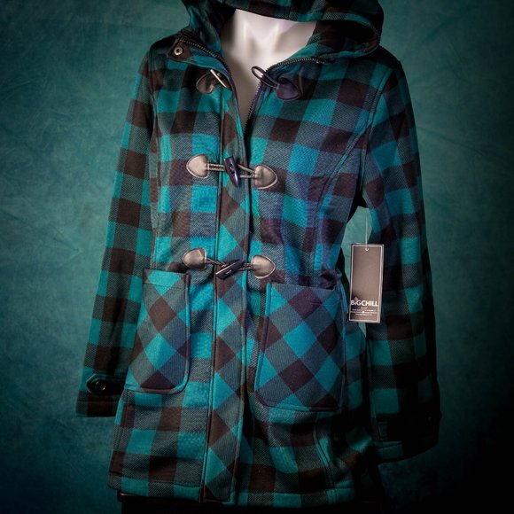 NWT Chill | Black & Peacock Buffalo Check Fleece Toggle Accent Jacket - LARGE - Picture 6 of 10